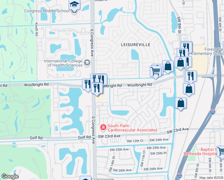map of restaurants, bars, coffee shops, grocery stores, and more near 2240 Woolbright Road in Boynton Beach
