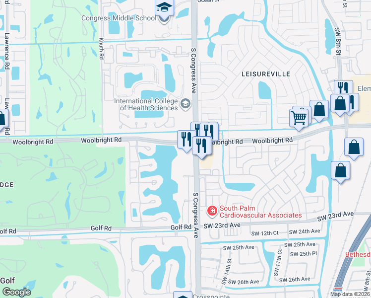map of restaurants, bars, coffee shops, grocery stores, and more near 1601 South Congress Avenue in Boynton Beach