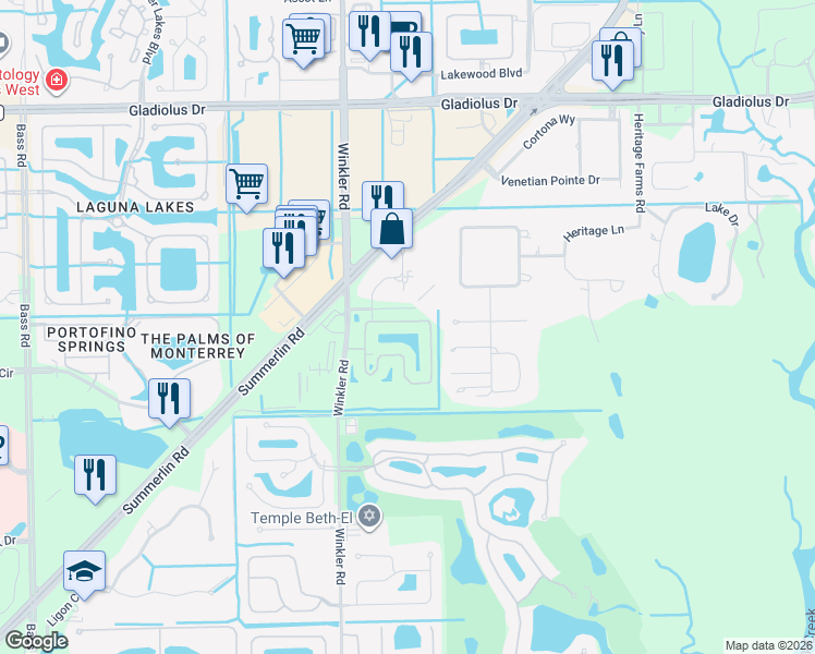 map of restaurants, bars, coffee shops, grocery stores, and more near 15791 Prentiss Pointe Circle in Fort Myers