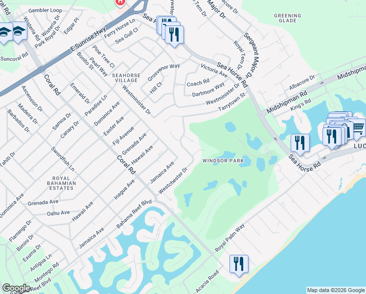 map of restaurants, bars, coffee shops, grocery stores, and more near Westchester Drive in Freeport