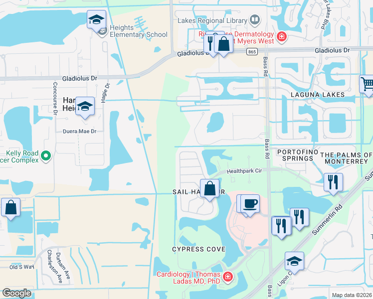 map of restaurants, bars, coffee shops, grocery stores, and more near 16058 Via Solera Circle in Fort Myers