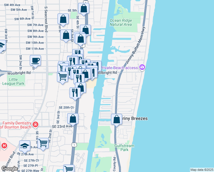 map of restaurants, bars, coffee shops, grocery stores, and more near 5610 North Ocean Boulevard in Boynton Beach