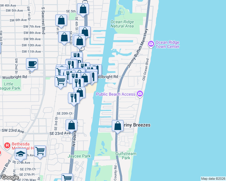 map of restaurants, bars, coffee shops, grocery stores, and more near 5500 North Ocean Boulevard in Boynton Beach