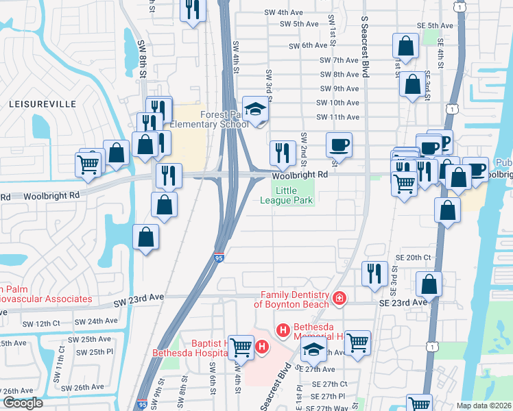 map of restaurants, bars, coffee shops, grocery stores, and more near 360 Main Boulevard in Boynton Beach