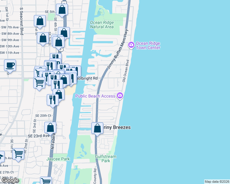 map of restaurants, bars, coffee shops, grocery stores, and more near 5500 Old Ocean Boulevard in Boynton Beach