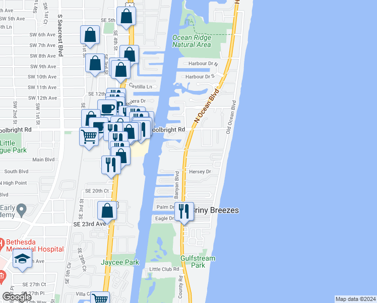 map of restaurants, bars, coffee shops, grocery stores, and more near 5505 North Ocean Boulevard in Ocean Ridge