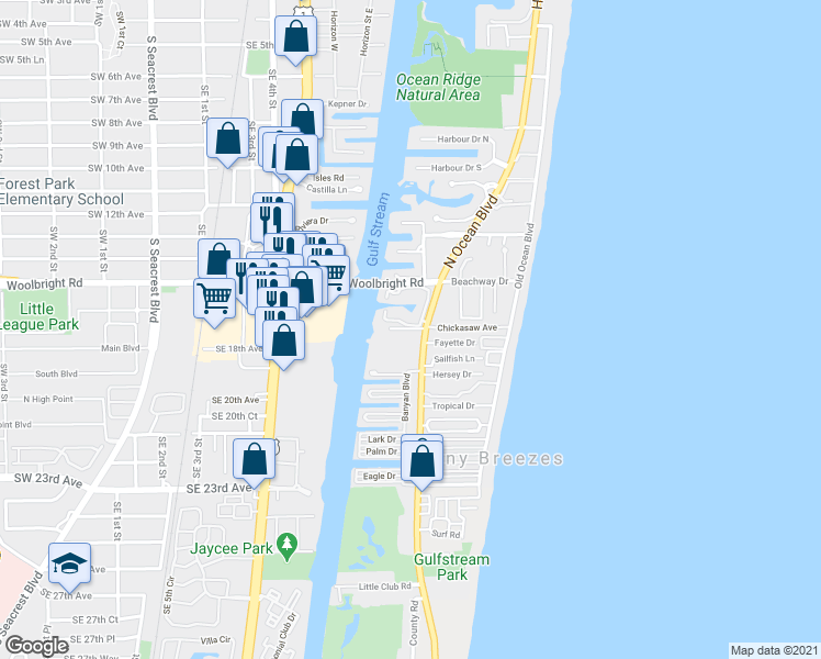 map of restaurants, bars, coffee shops, grocery stores, and more near 5500 North Ocean Boulevard in Boynton Beach