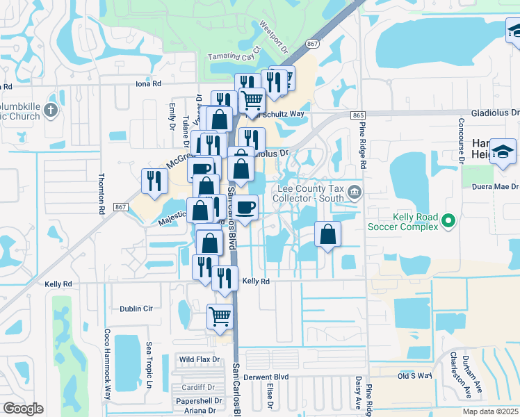 map of restaurants, bars, coffee shops, grocery stores, and more near 15800 Beachwalk Boulevard in Fort Myers