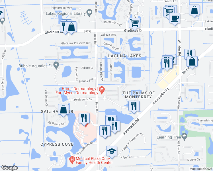 map of restaurants, bars, coffee shops, grocery stores, and more near 15851 Portofino Springs Boulevard in Fort Myers