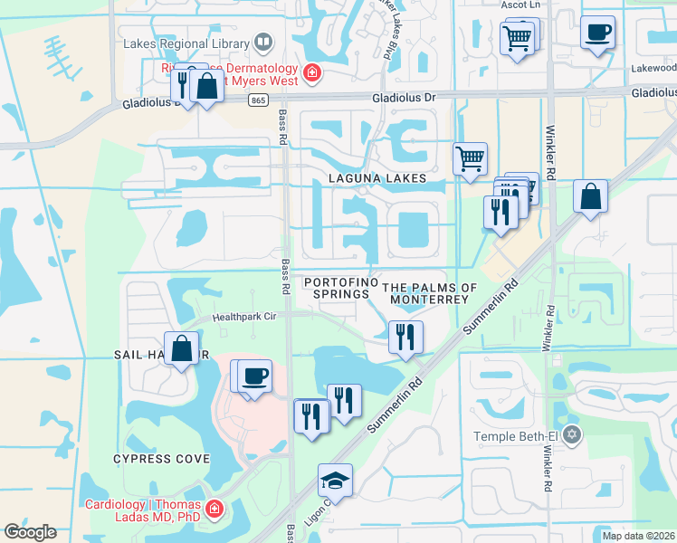 map of restaurants, bars, coffee shops, grocery stores, and more near 15830 Portofino Springs Boulevard in Fort Myers