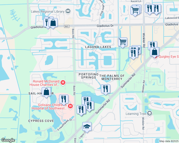 map of restaurants, bars, coffee shops, grocery stores, and more near 15830 Portofino Springs Boulevard in Fort Myers