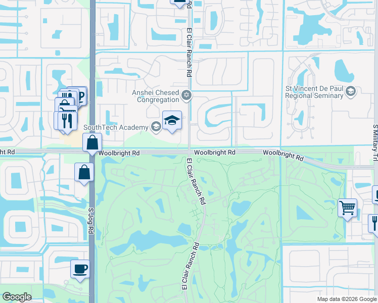 map of restaurants, bars, coffee shops, grocery stores, and more near W Woolbright Rd & El Clair Ranch Rd in Boynton Beach