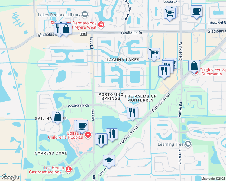 map of restaurants, bars, coffee shops, grocery stores, and more near 15830 Portofino Springs Boulevard in Fort Myers