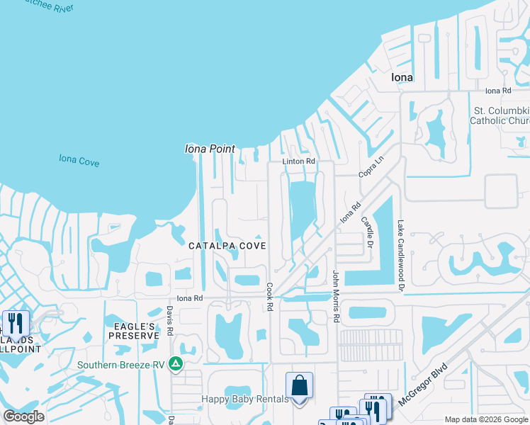 map of restaurants, bars, coffee shops, grocery stores, and more near 15759 Caloosa Creek Circle in Fort Myers