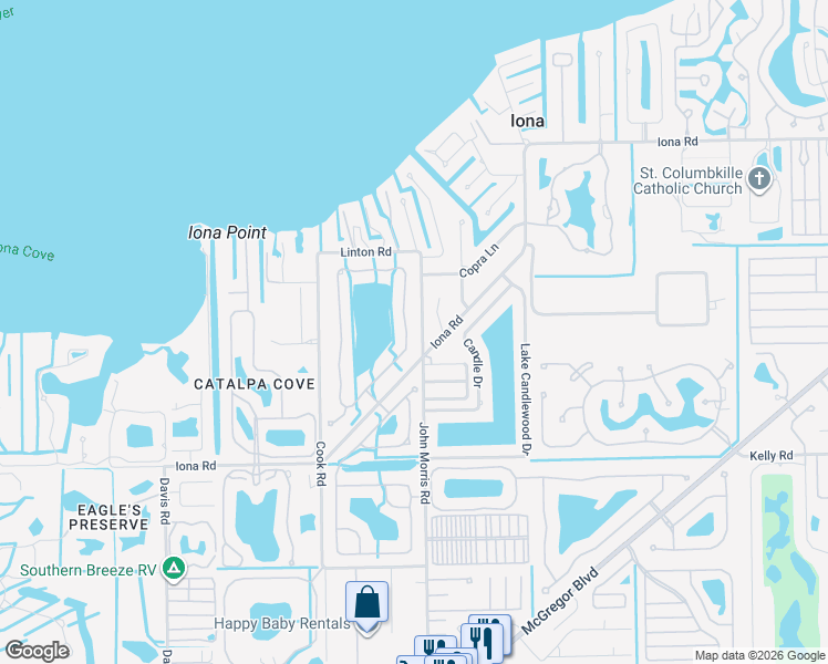 map of restaurants, bars, coffee shops, grocery stores, and more near 15556 Caloosa Creek Circle in Fort Myers