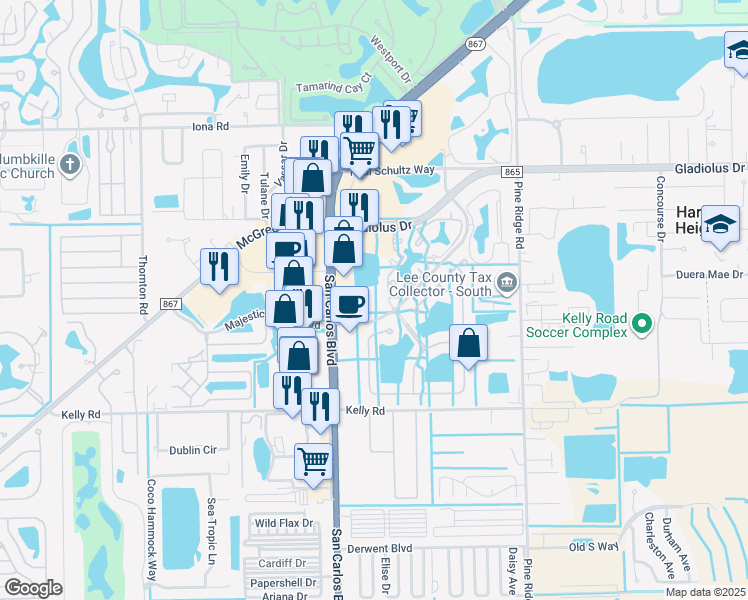 map of restaurants, bars, coffee shops, grocery stores, and more near 15800 Beachwalk Boulevard in Fort Myers