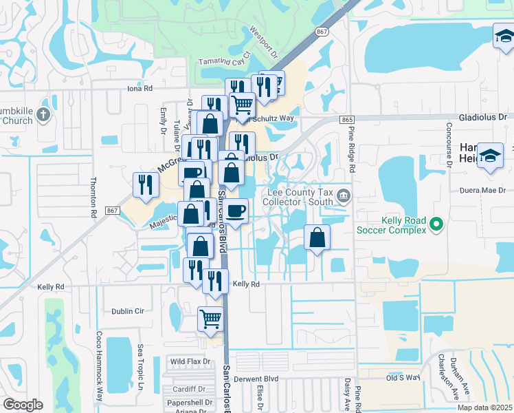 map of restaurants, bars, coffee shops, grocery stores, and more near 15800 Beachwalk Boulevard in Fort Myers