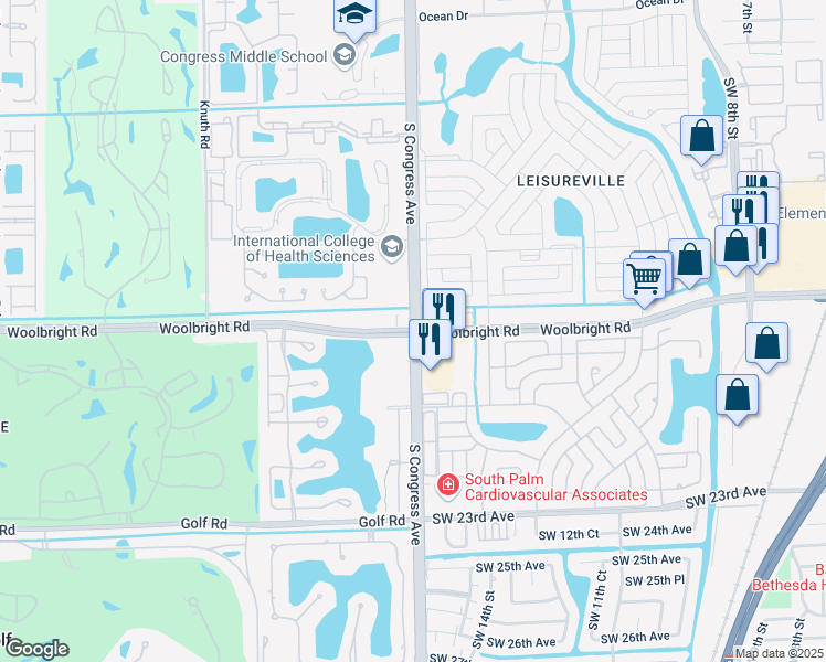 map of restaurants, bars, coffee shops, grocery stores, and more near Woolbright Rd & S Congress Ave in Boynton Beach