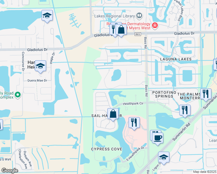 map of restaurants, bars, coffee shops, grocery stores, and more near 9708 Mirada Boulevard in Fort Myers