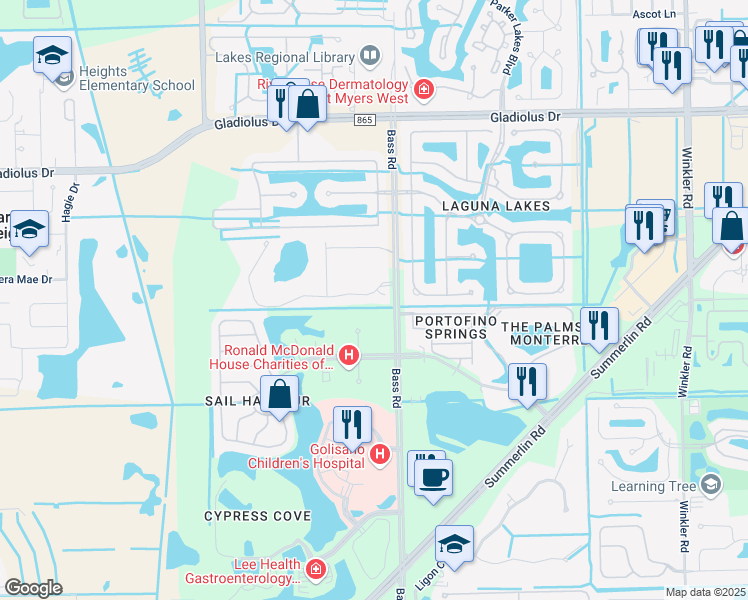 map of restaurants, bars, coffee shops, grocery stores, and more near 9665 Mirada Boulevard in Fort Myers