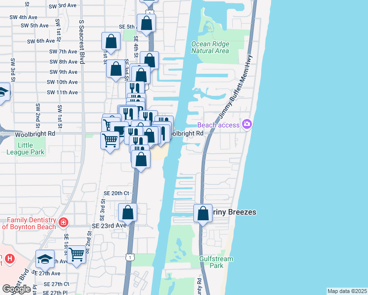 map of restaurants, bars, coffee shops, grocery stores, and more near 5592 North Ocean Boulevard in Boynton Beach