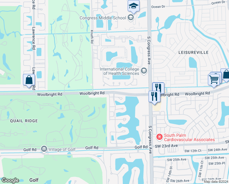 map of restaurants, bars, coffee shops, grocery stores, and more near Woolbright Rd & SW 26th St in Boynton Beach