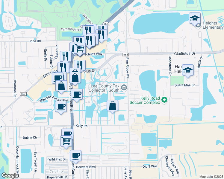 map of restaurants, bars, coffee shops, grocery stores, and more near 15581 Beachcomber Avenue in Fort Myers