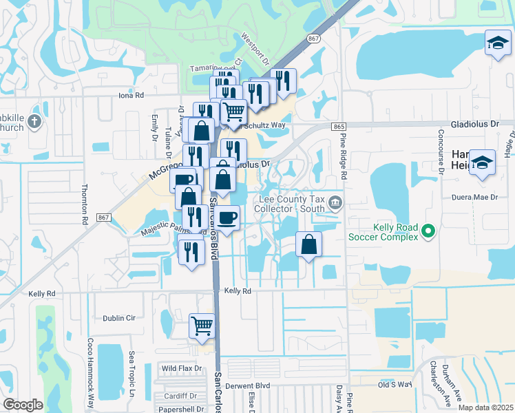 map of restaurants, bars, coffee shops, grocery stores, and more near 15645 Ocean Walk Circle in Fort Myers