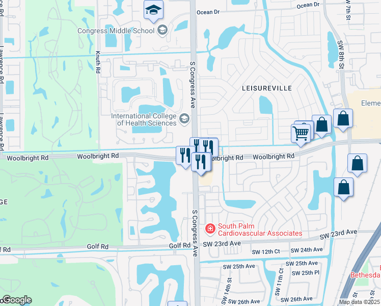map of restaurants, bars, coffee shops, grocery stores, and more near 2605 Woolbright Road in Boynton Beach