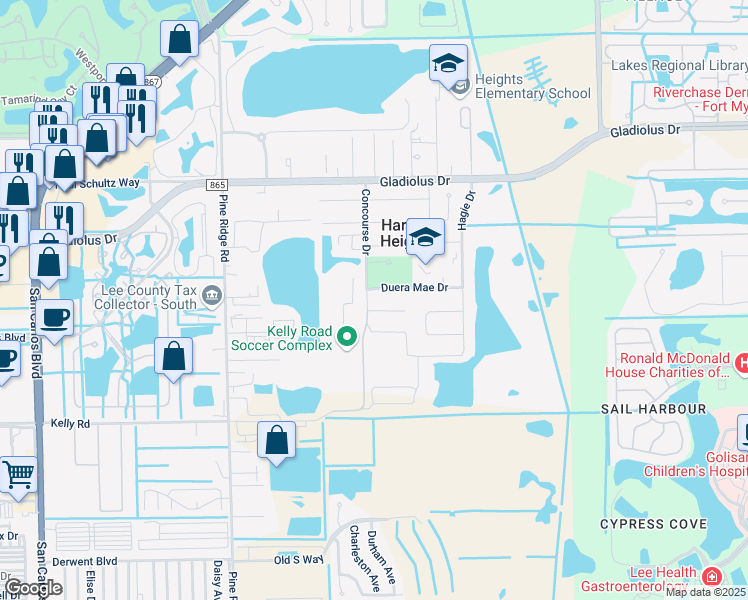 map of restaurants, bars, coffee shops, grocery stores, and more near 10750 Kelly Road in Fort Myers
