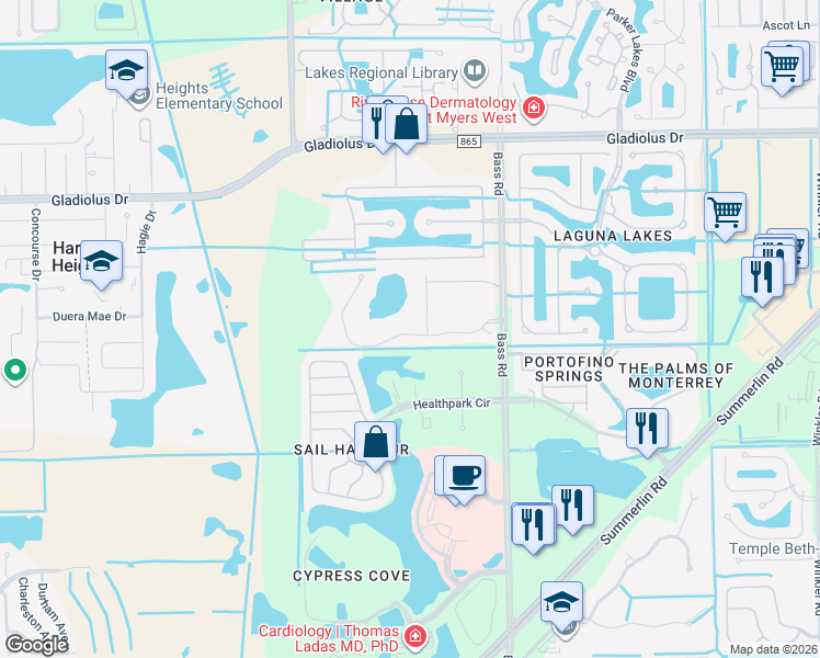 map of restaurants, bars, coffee shops, grocery stores, and more near 9628 Mirada Boulevard in Fort Myers