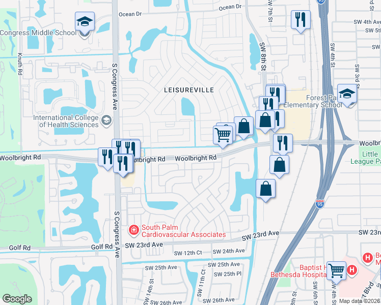 map of restaurants, bars, coffee shops, grocery stores, and more near 1981 Woolbright Road in Boynton Beach