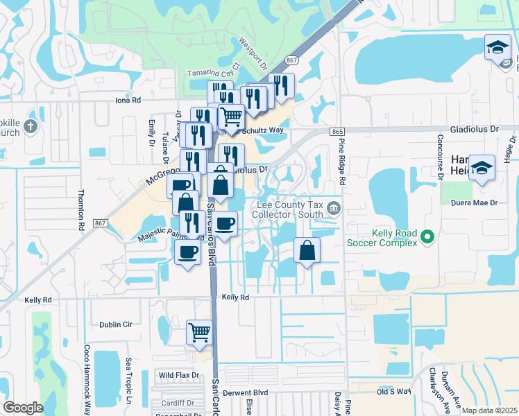 map of restaurants, bars, coffee shops, grocery stores, and more near 15645 Ocean Walk Circle in Fort Myers