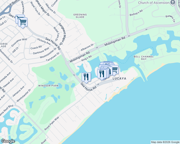 map of restaurants, bars, coffee shops, grocery stores, and more near King's Road in Freeport