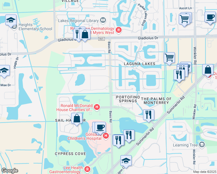 map of restaurants, bars, coffee shops, grocery stores, and more near 9665 Mirada Boulevard in Fort Myers