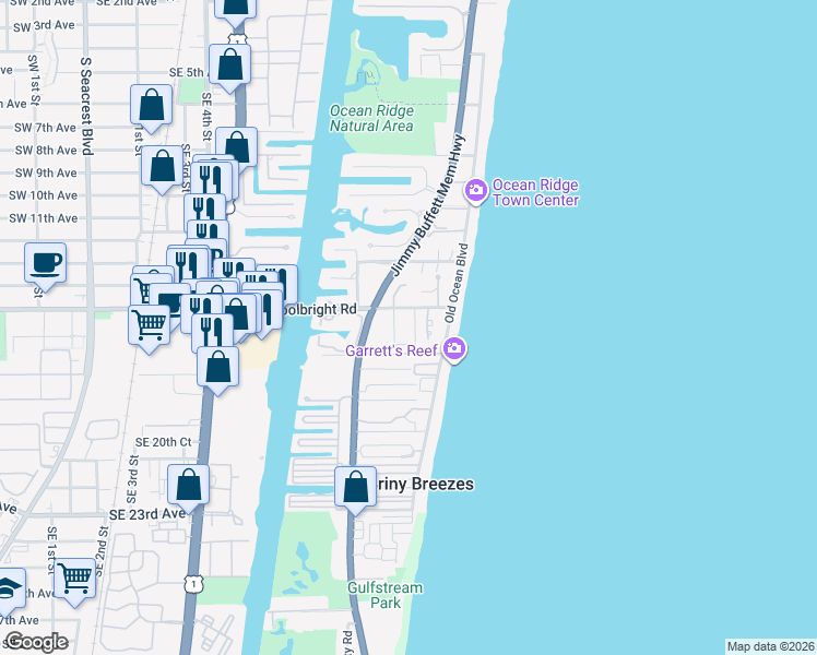 map of restaurants, bars, coffee shops, grocery stores, and more near 7 Osprey Drive in Ocean Ridge