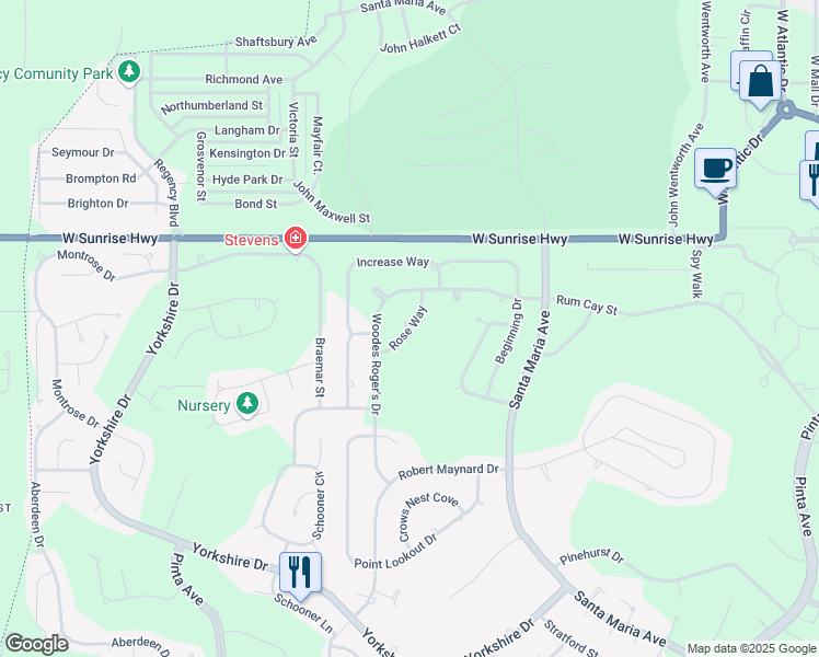 map of restaurants, bars, coffee shops, grocery stores, and more near Rose Way in Freeport