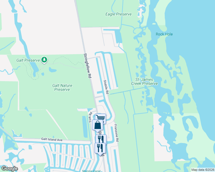 map of restaurants, bars, coffee shops, grocery stores, and more near 3606 Stabile Road in Saint James City