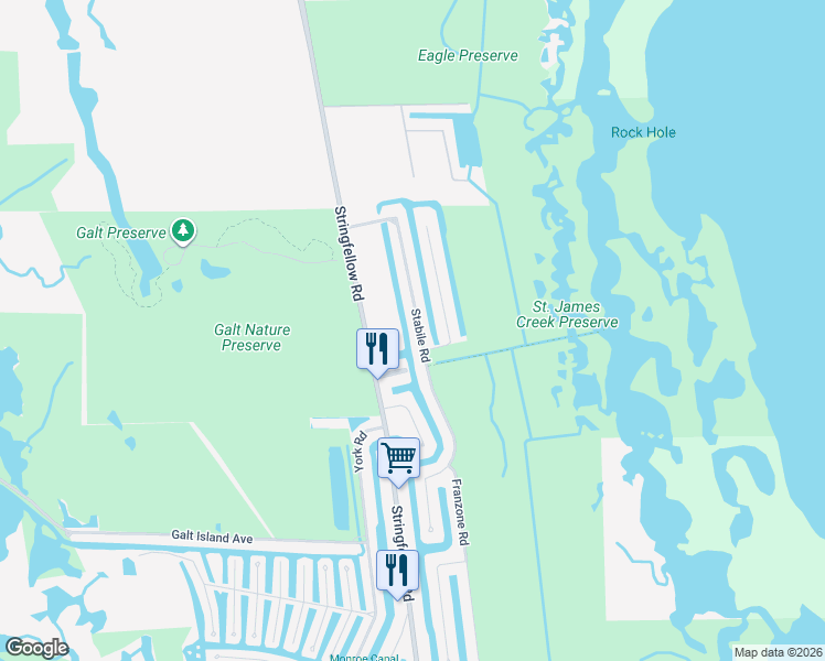 map of restaurants, bars, coffee shops, grocery stores, and more near 3606 Stabile Road in Saint James City