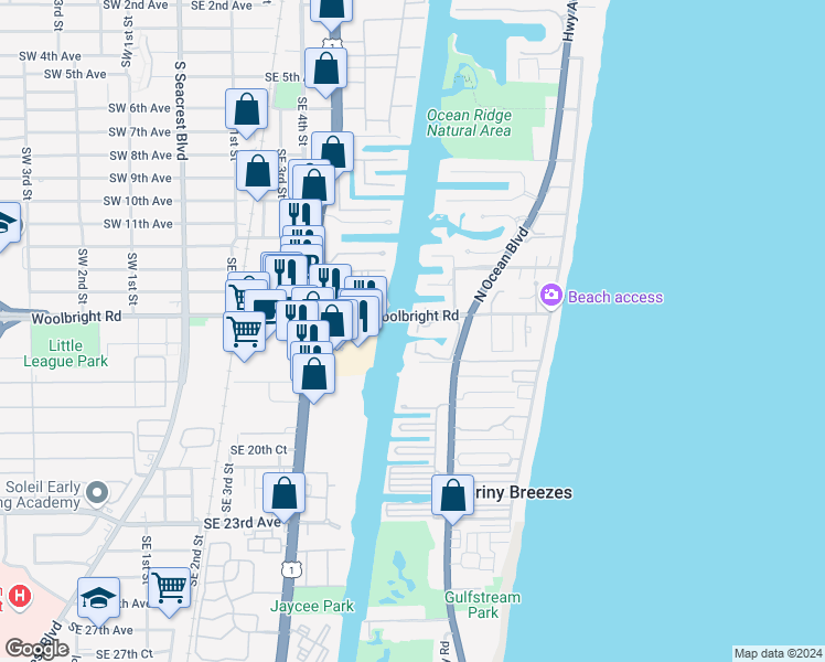 map of restaurants, bars, coffee shops, grocery stores, and more near 5592 North Ocean Boulevard in Boynton Beach