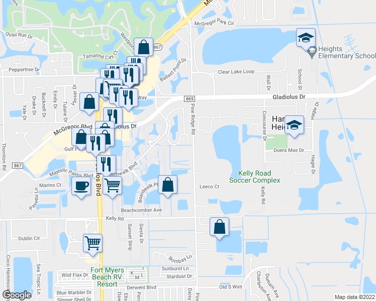 map of restaurants, bars, coffee shops, grocery stores, and more near 15660 Pine Ridge Road in Fort Myers