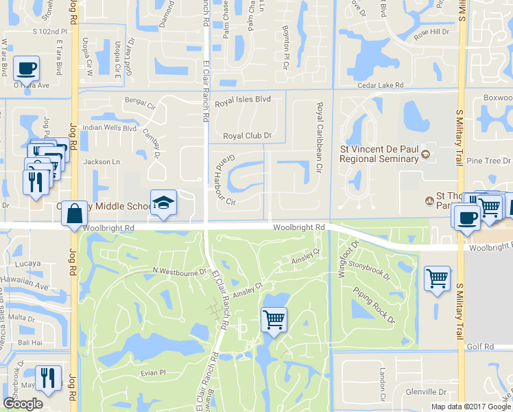 map of restaurants, bars, coffee shops, grocery stores, and more near 5809 Seashell Terrace in Boynton Beach