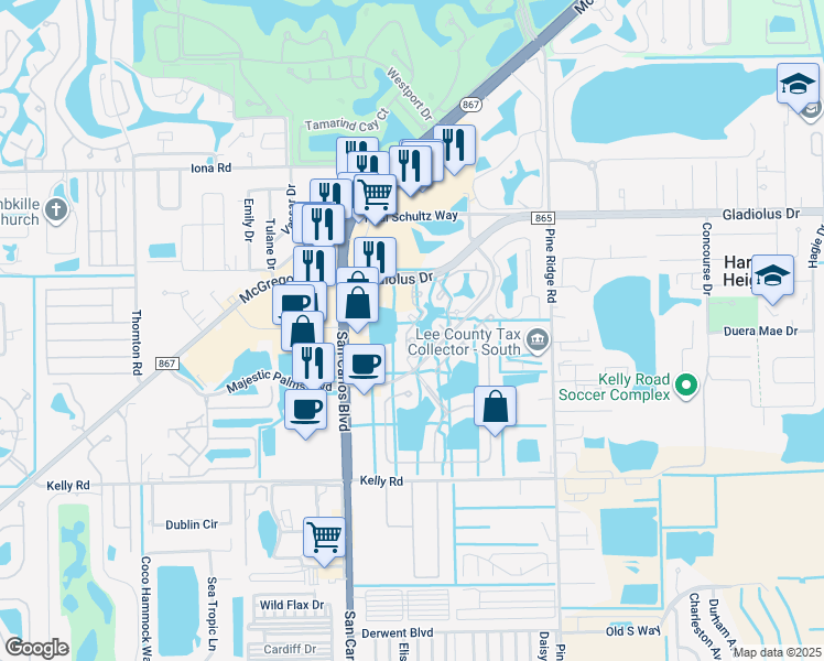 map of restaurants, bars, coffee shops, grocery stores, and more near 15645 Ocean Walk Circle in Fort Myers