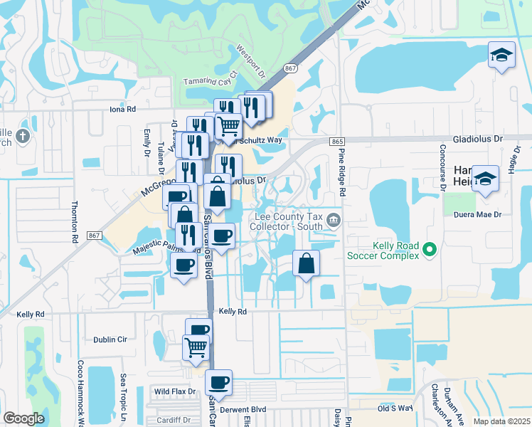 map of restaurants, bars, coffee shops, grocery stores, and more near 15655 Ocean Walk Circle in Fort Myers