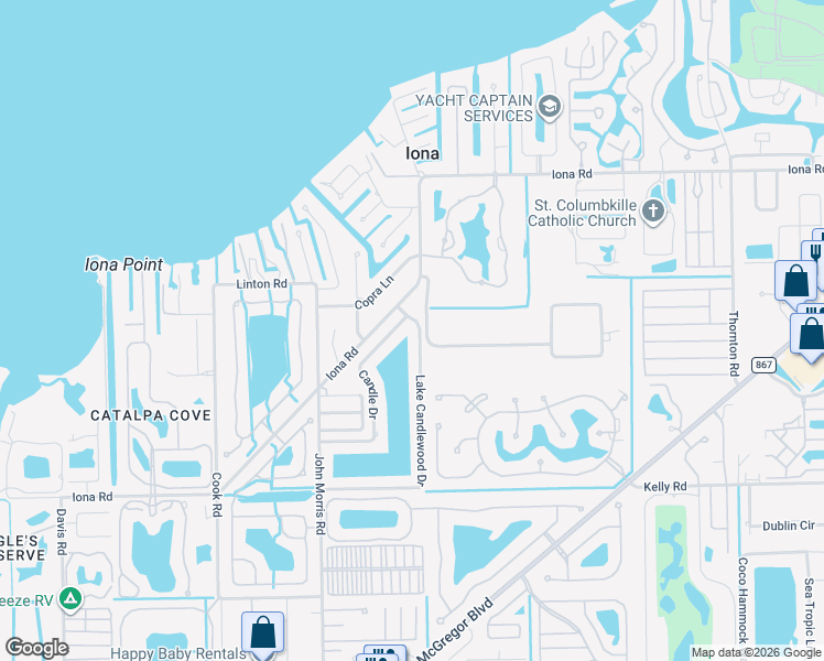 map of restaurants, bars, coffee shops, grocery stores, and more near 15610 Lake Candlewood Drive in Fort Myers