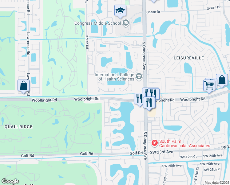 map of restaurants, bars, coffee shops, grocery stores, and more near 42 Tara Lakes Drive East in Boynton Beach