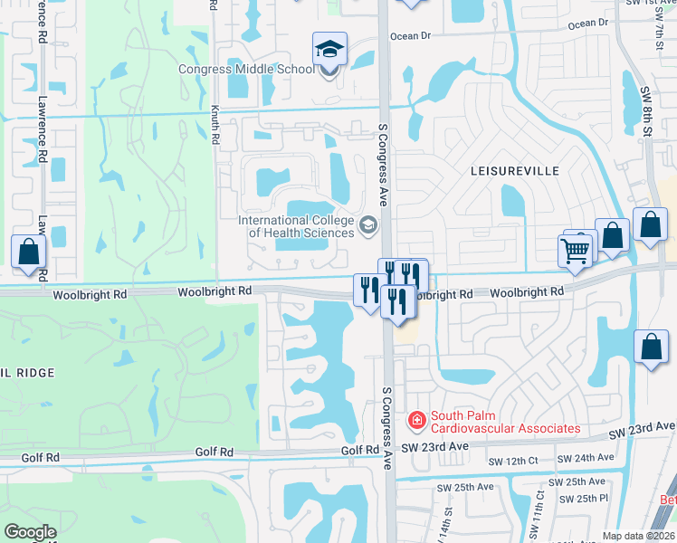 map of restaurants, bars, coffee shops, grocery stores, and more near 33 Peachtree Place in Boynton Beach