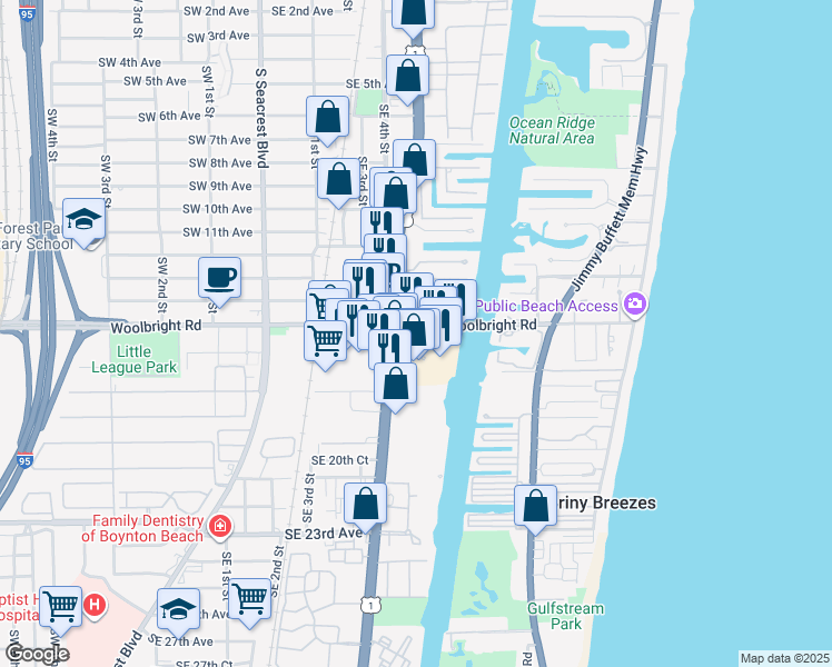 map of restaurants, bars, coffee shops, grocery stores, and more near 600 East Woolbright Road in Boynton Beach