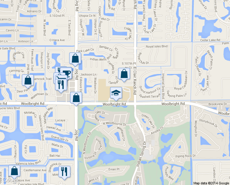 map of restaurants, bars, coffee shops, grocery stores, and more near 6161 W Woolbright Rd in Boynton Beach
