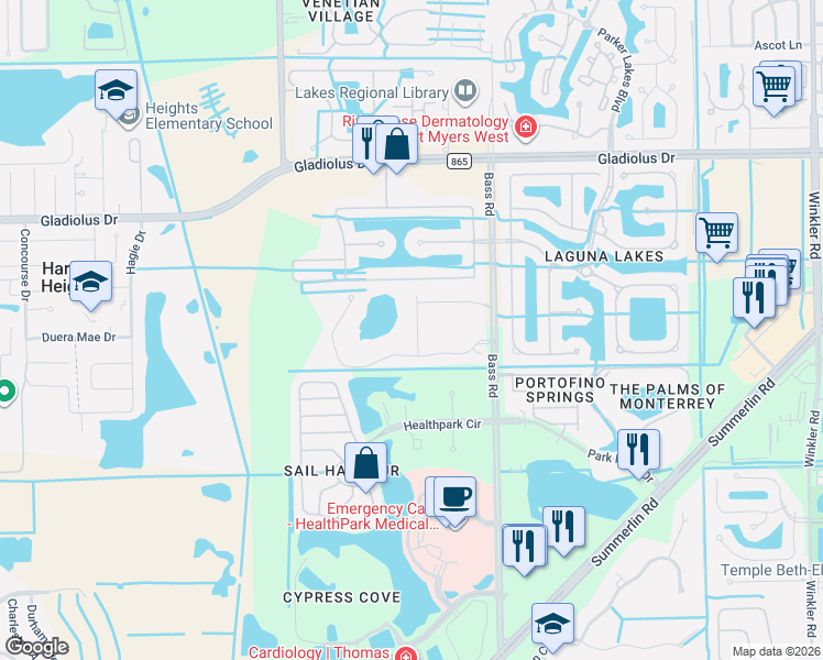 map of restaurants, bars, coffee shops, grocery stores, and more near 9628 Mirada Boulevard in Fort Myers